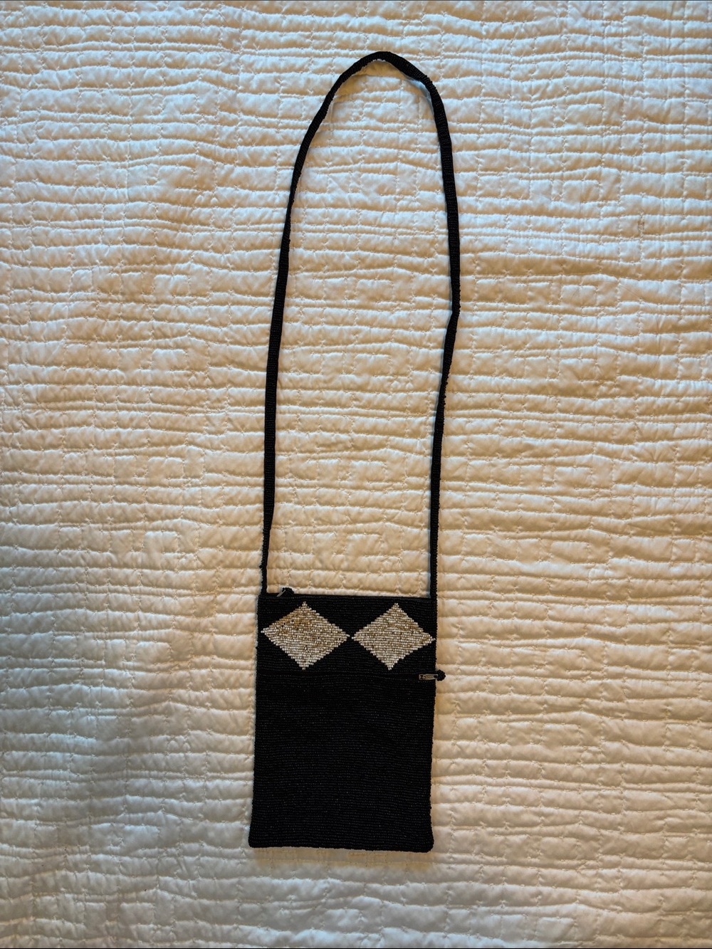 Black Hand Beaded Crossbody Bag with Beige Diamond Accents